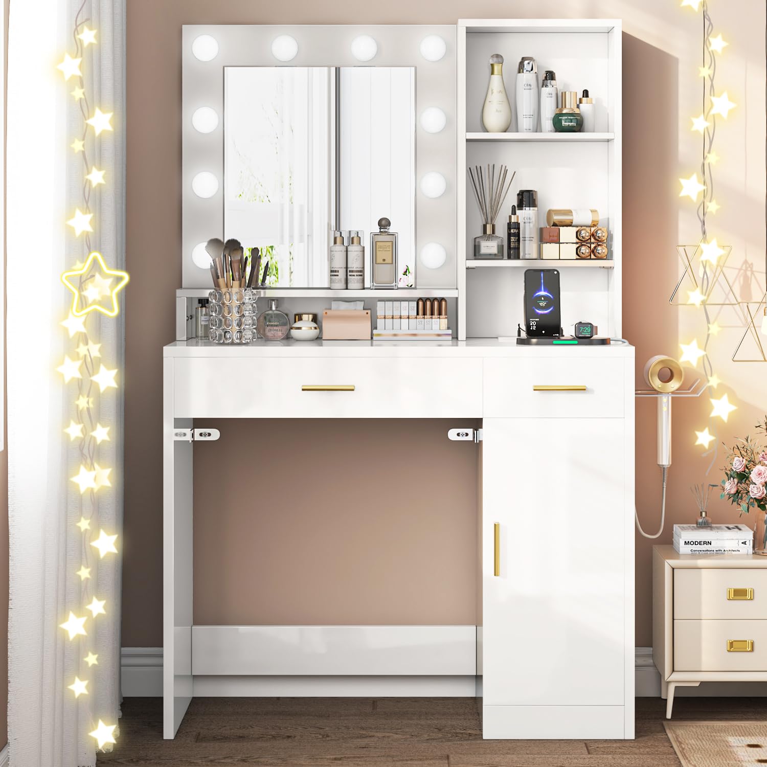 イマン　ホワイトドリームブレッドボックス Amazon.com: knoworld Makeup Vanity Desk with Mirror & Lights and
